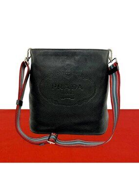Prada Logo Embossed Leather Shoulder Bag Cross Black